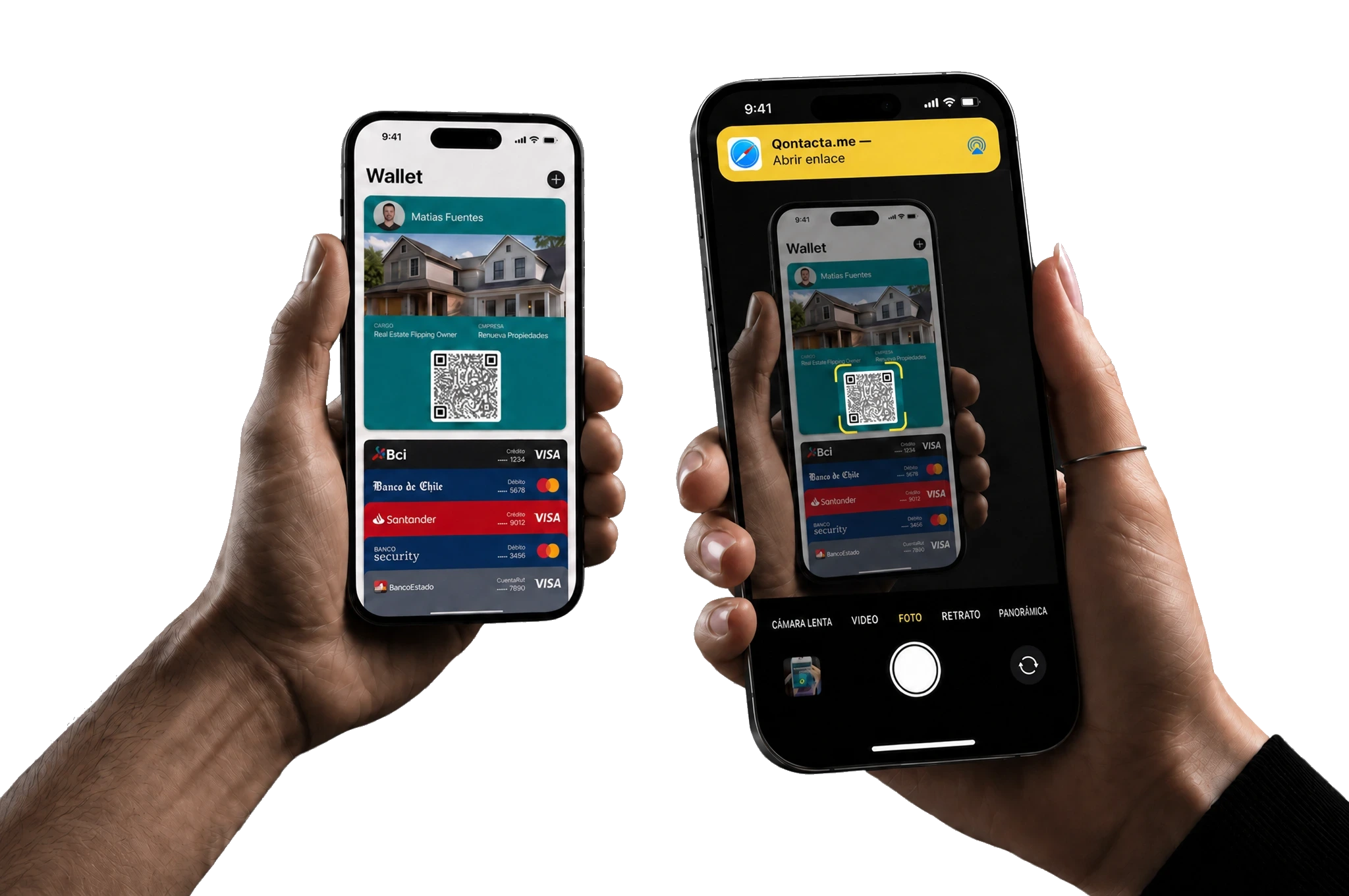 Dos iPhone lado a lado: en uno, la tarjeta Qontacta guardada en Apple Wallet con su código QR sobre las tarjetas del banco; en el otro, la cámara escaneando ese QR con la notificación «Qontacta.me — Abrir enlace».